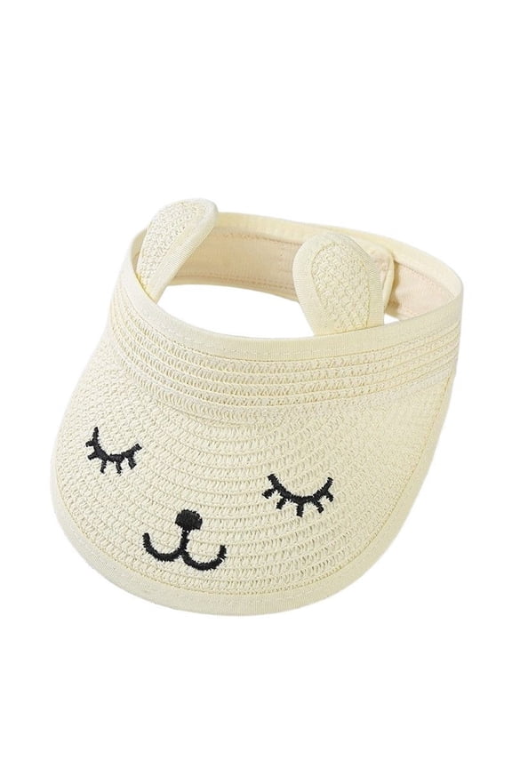 Toddler Kids Sun Hats Roll-Up Straw Visor Hat Sun Hat Kid Toddler Wide Brim Cute Embroidery Bunny Ponytail Summer Beach Adjustable Cap,White,One Size