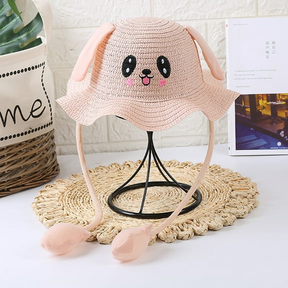 WUXIAN Toddler Kids Sun Hats Summer Rabbit Ear Moving Jumping Straw Sun Hat Cute Funny Fisherman Hat Summer Beach Cap,B,One Size