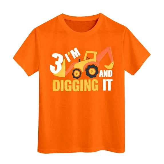 WUXIAN Toddler Shirt Short Sleeve Excavator Graphic Solid Color Tee Shirts Tops,Orange,3-4 Years