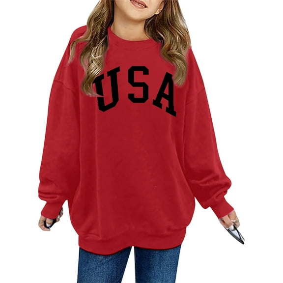 WUXIAN Toddler USA Printed Crew Neck Long Sleeved Girls Sweatshirt Pullover Cozy Streetwear