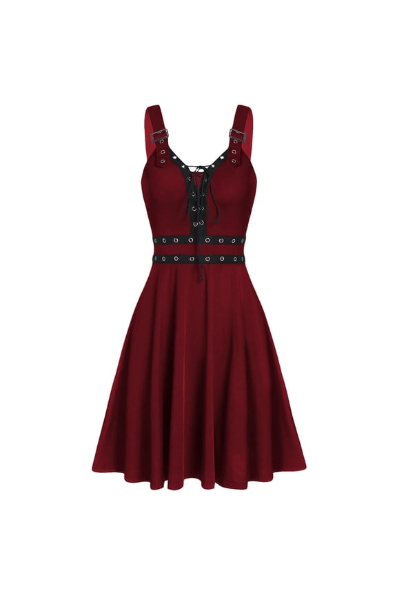 Women Dresser Solid Color Sleeveless Buckle Adjustable Strap Ruffled A-Line Gothic Lace-Up Bandage Camisole Fit Flare Mini Dress Fashionable Casual Party Beach Gowns,,XXL