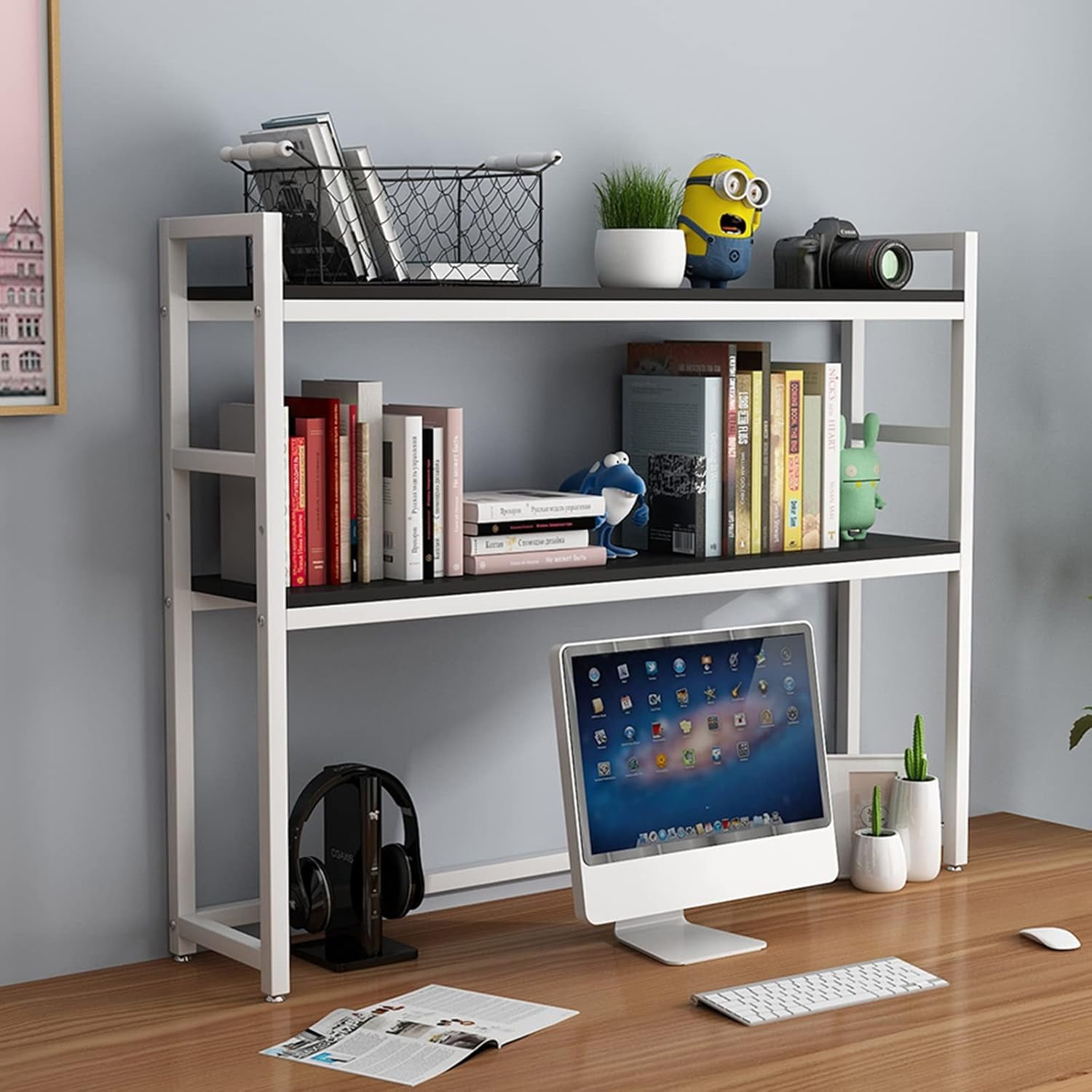 WUXIAOLU 2 Tier Desktop Bookcase for Computer Desk, Multipurpose Wood ...