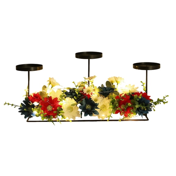 WUXICHEN 4th of July Patriotic Artificial Peony Table Candelabra Multicolor Iron Plastic 18.5x7x6.7 Inch 1Pc Table Centerpiece