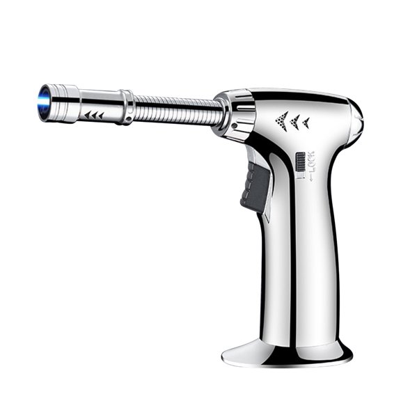 WUXICHEN Blue Flame Spray Torch Lighter, 360° Inverted Fire Windproof Butane Torch, Desktop Handheld for Outdoor BBQ or Baking, Silver