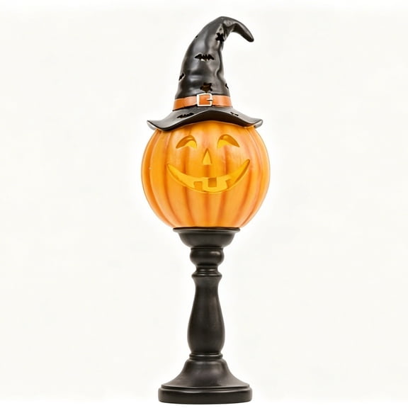 WUXICHEN Halloween Pumpkin Witch Statue Pedestal Light LED Tabletop Fall Home Centerpiece Decoration