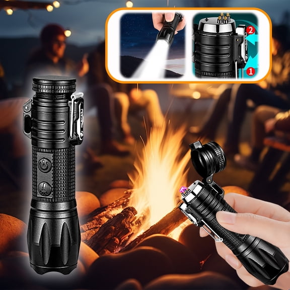 WUXICHEN High Power Flashlight Lighter, 8-Eyed Super Bright LED, USB Rechargeable Camping Torch with Fire Starter, Black