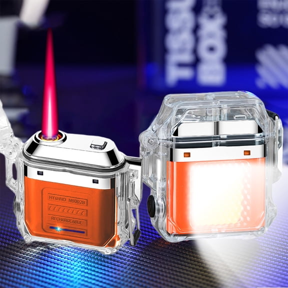WUXICHEN USB Rechargeable Lighter, Windproof Flameless Plasma Lighter with COB Lighting, Transparent Shell, Orange