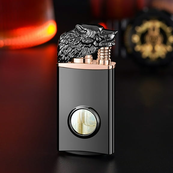 WUXICHEN Wolf Head Luminous Lighter, Transparent Warehouse Double Flame Conversion, LED Blue Light Butane Torch, Black Ice