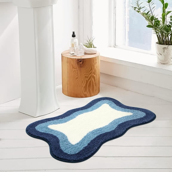 WUYIBA-Bathroom Rugs 18x25 inch, Extra Soft Non Slip Blue Irregular Shape Bath Rugs, Microfiber Absorbent Washable Small Rug Bath Mats for Bathroom Floor Door Mat Tub Shower