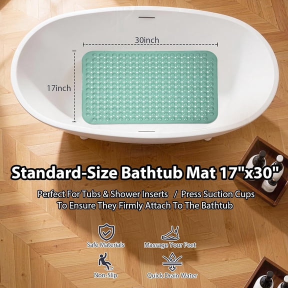 WUYIBA-Bathtub Mat Shower Mat Non Slip 17x30 Inch Standard Size, Soft Bubble Bath Tub Mat Shower Mats for Inside Shower Bathroom Floor Mat with Big Suction Cups & Drain Holes, BPA-FreeMars Green