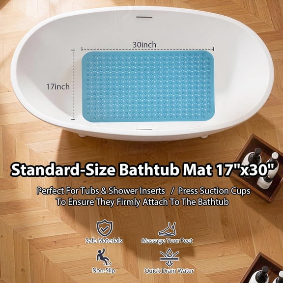 WUYIBA-Bathtub Mat Shower Mat Non Slip 17x30 Inch Standard Size, Soft Bubble Bath Tub Mat Shower Mats for Inside Shower Bathroom Floor Mat with Big Suction Cups & Drain Holes, BPA-FreeClear Blue