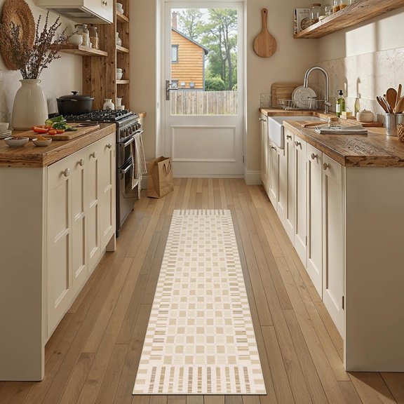 WUYIBA-Beige Checkered Runner Rug 2x6 for Hallways Neutral Washable Long Carpet Non-Slip Low Pile Boho Indoor Accent Throw Rug for Entrance Kitchen Bedroom Dining Laundry