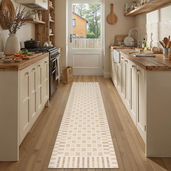 WUYIBA-Beige Checkered Runner Rug 2x8 for Hallways Neutral Washable Long Carpet Non-Slip Low Pile Boho Indoor Accent Throw Rug for Entrance Kitchen Bedroom Dining Laundry