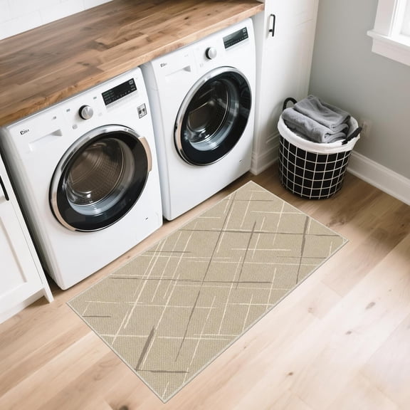WUYIBA-Beige Runner Rug Ultra Non-Slip 2x4 Washable Bedroom Rugs Modern Tear and Stain Resistance No Pile Hand-Woven Style Lightweight Runners for Hallways, Kitchen, Laundry Room, Bedside, Beige