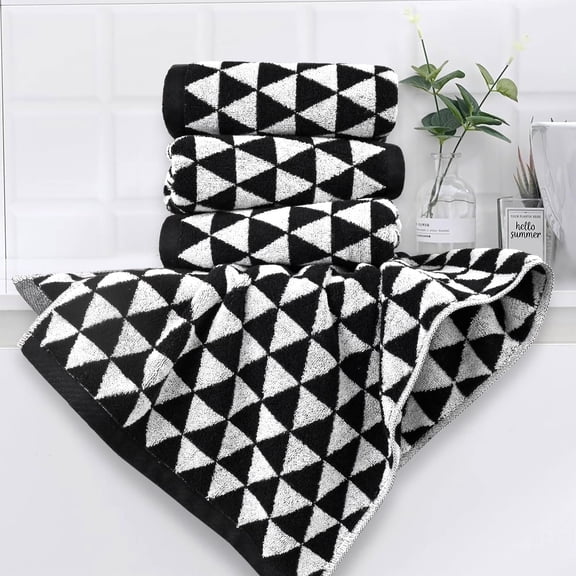 WUYIBA-Black and White Hand Towels (Geometric Triangle), 4 Pack Cotton Soft Face Towel 13x29 Inches for Spa, Gym, Travel, Kitchen Decor