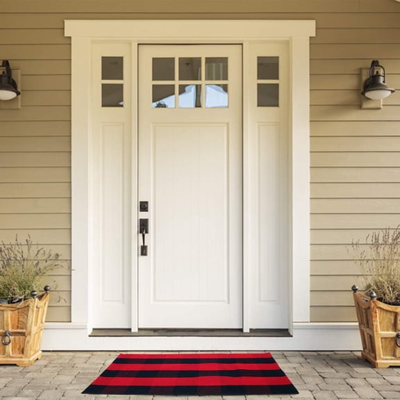 WUYIBA-Buffalo Check Rug,Plaid Outdoor Rug,Layered Door Mat,Cotton Gingham Rugs,Floor Mat for Front Porch/Runner/Bedroom/Kitchen/Farmhouse 35"x24" Red & Black