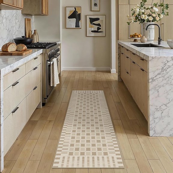 WUYIBA-Checkered Runner Rug 2x6 for Hallways Brown Washable Long Carpet Non-Slip Low Pile Boho Indoor Accent Throw Rug for Entrance Kitchen Bedroom Dining Laundry