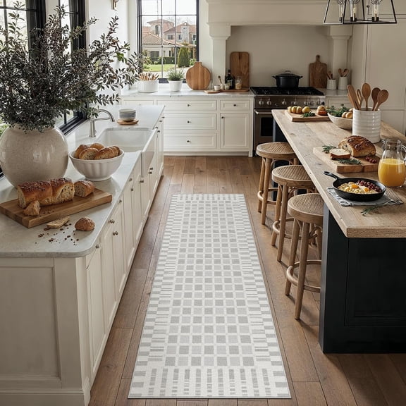 WUYIBA-Checkered Runner Rug 2x6 for Hallways Gray Washable Long Carpet Non-Slip Low Pile Boho Indoor Accent Throw Rug for Entrance Kitchen Bedroom Dining Laundry