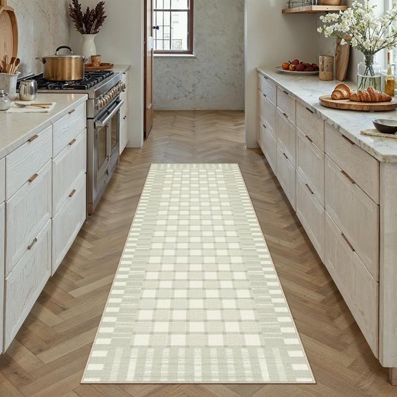 WUYIBA-Checkered Runner Rug 2x6 for Hallways Green Washable Long Carpet Non-Slip Low Pile Boho Indoor Accent Throw Rug for Entrance Kitchen Bedroom Dining Laundry
