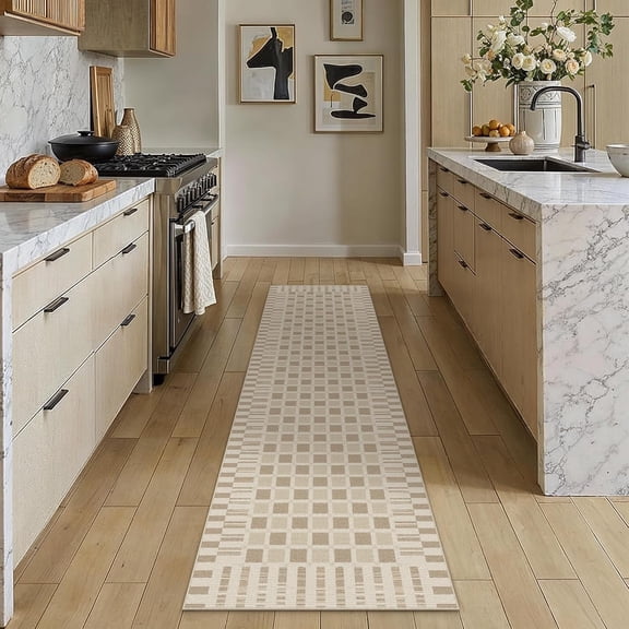 WUYIBA-Checkered Runner Runner Rug for Hallways Brown Washable Long Carpet Non-Slip Low Pile Boho Indoor Accent Throw Rug for Entrance Kitchen Bedroom Dining Laundry