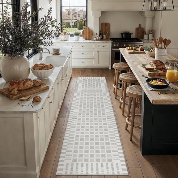 WUYIBA-Checkered Runner Runner Rug for Hallways Gray Washable Long Carpet Non-Slip Low Pile Boho Indoor Accent Throw Rug for Entrance Kitchen Bedroom Dining Laundry
