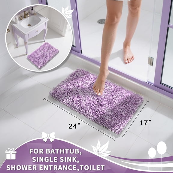 WUYIBA-Chenille Bathroom Rugs Non Slip, Extra Thick Soft Absorbent Bath Rug, Machine Washable Quick Dry Bath Mat for Bathroom Floor, Tub and Shower, Home Decor Accessories, 24x17, Lilac