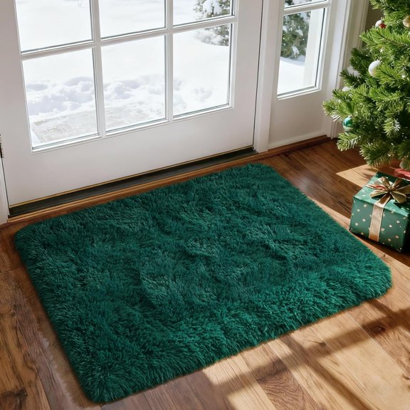 WUYIBA-Fluffy Shaggy Area Rug, Deep Green 2x3 Small Rugs for Fireplace Christmas Holiday Decor, Mini Fuzzy Plush Throw Rug, Soft Non-Slip Entryway Rugs Shag Catpet for Livingroom Home Aesthetic