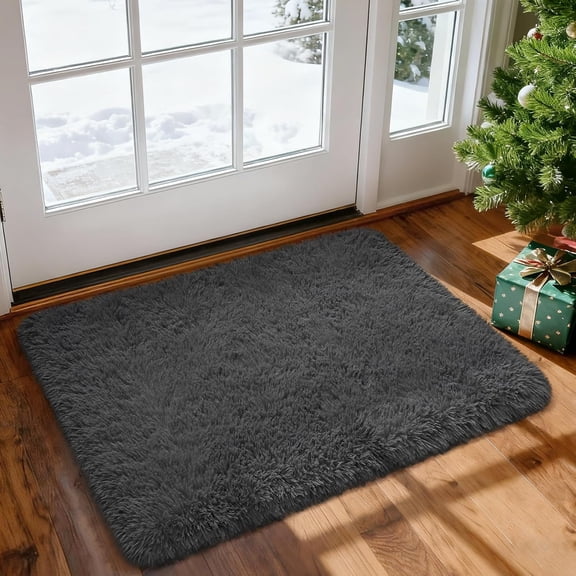 WUYIBA-Fluffy Shaggy Small Area Rug, Dark Grey 2x3 Doormat Door Rugs for Bedside Christmas Decor, Mini Fuzzy Plush Throw Rug, Soft Non-Slip Entryway Shag Catpet for Livingroom Holiday Home Aesthetic