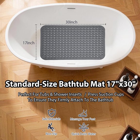 WUYIBA-Grey Bathtub Mat Shower Mat Non Slip 17x30 Inch Standard Size, Soft Bubble Bath Tub Mat Shower Mats for Inside Shower Bathroom Floor Mat with Big Suction Cups & Drain Holes, BPA-Free