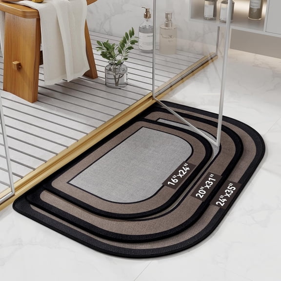 WUYIBA-Half Circle Bath Mat, Thin Bathroom Rugs Fit Under Door Quick Dry Non Slip Washable Bathroom Mat with Rubber Backing, Absorbent Half Round Shower Mat Rug,Gray Brown