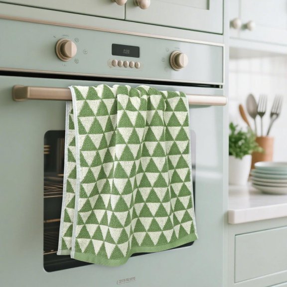 WUYIBA-Hand Towels Green (Geometric Triangle), 4-Piece Cotton Terry Kitchen Towels, Bathroom Decor 13x29 Inches