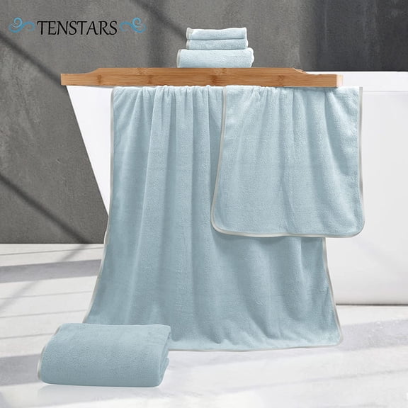 WUYIBA-Microfiber Coral Velvet Luxury Silk Hemming Towel Set - Light Teal, 2 Bath Towels, 2 Hand Towels, 2 Washcloths - Ultra Soft, Absorbent, Quick Drying, Easy to Wash