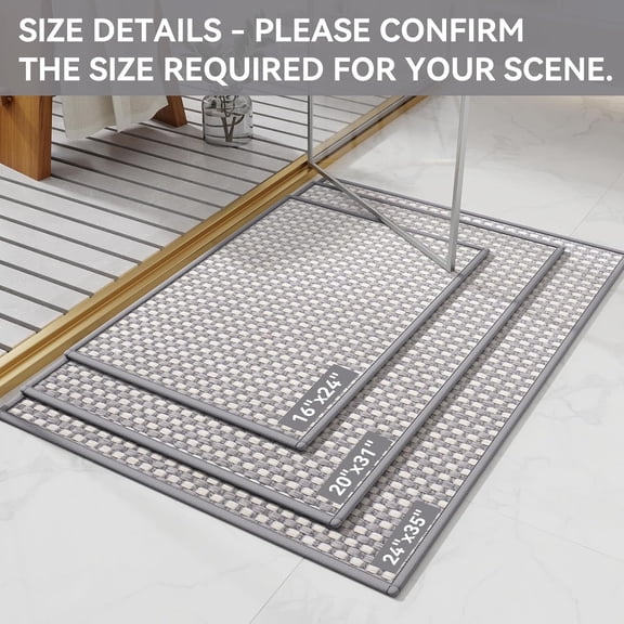 WUYIBA-Non Slip Bath Mat Bathroom Rugs, Soft Braided Ultra Thin Bath Mats, Super Absorbent Quick Dry Bath Rug Shower Mat, Rubber Backing, Fit Under Door Bathroom Floor, Machine Washable, Gray 16" x