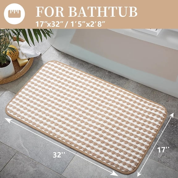 WUYIBA-Non Slip Bath Mat with Rubber Backing Quick Dry Absorbent Thin Bathroom Rugs Fit Under Door, Low Profile Braided Neutral Shower Mat, Machine Washable, 17" x 32", Beige and White