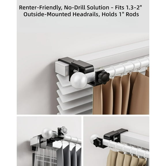WUYIBA-Over-Blinds Curtain Rod Brackets for Outside-Mounted Blinds, Blinds Curtain Rod Brackets for 1.32 Rectangular Headrails, Tool-Free No-Drill Installation for Apartments, Rentals Se