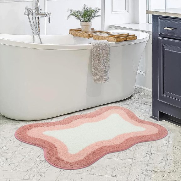 WUYIBA-Pink Bathroom Rugs Non Slip 20X31 inch, Ultra Soft Absorbent Irregular Shape Bath Rug, Microfiber Washable Non-Slip Bathmat Boho Decor for Bedroom Bathroom Floor Tub Shower