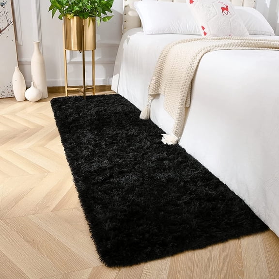 WUYIBA-Shag Fluffy Area Rug for Bedroom Girls Living Room, Extra Soft and Fuzzy Shaggy Rugs, Non Slip, Solid Color Carpet Mat for Boys Nursery Home, Black 2x6 Feet