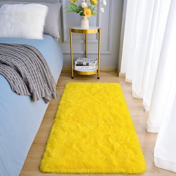 WUYIBA-Shag Fluffy Small Rug, 2x4 Feet Throw Rugs for Bedroom Girls Living Room, Extra Soft and Fuzzy Shaggy Carpet, Non Slip, Solid Color Nursery Home Floor Decor Carpets, Yellow