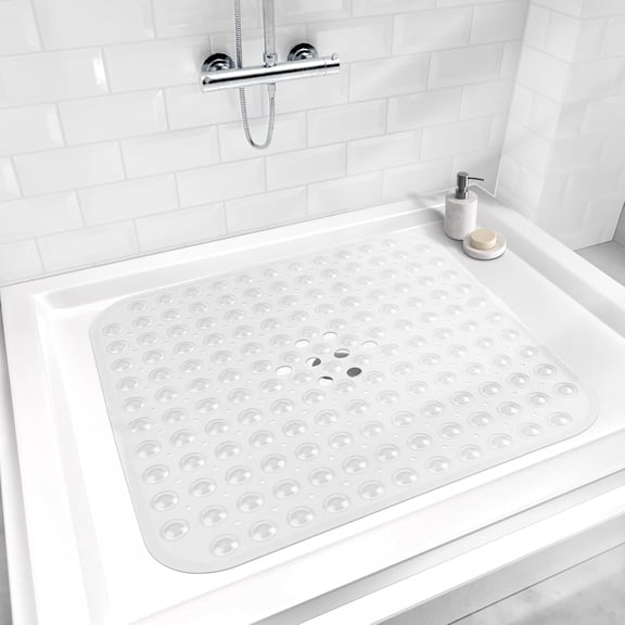 WUYIBA-Shower Mat Non Slip 21 x 21 Inches, Square Shower Mat with Suction Cups and Drain Holes, Shower Stall Mat Machine Washable (Clear)