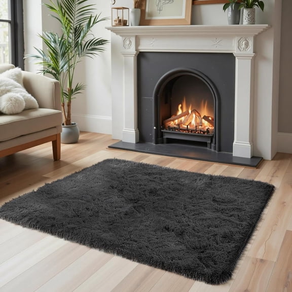 WUYIBA-Small Area Rugs 2x3 Feet, Black Rug for Bedroom Dorm, Modern Shag Bedroom Mat, Small Carpet, Fluffy Bedside Rug for Girls Dorm Room Home Decor(2 x 3, Black)