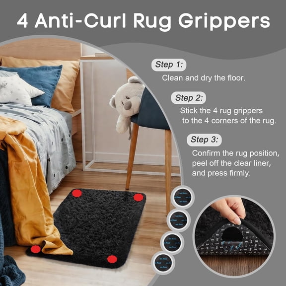 WUYIBA-Small Rug Washable Non Slip Throw Bedside Area Rugs, Fluffy Soft Mini Bedroom Carpet, Door Entryway Indoor Inside Front Entrance 1.5x2.5 Mat, Home Decor Aesthetic, Black
