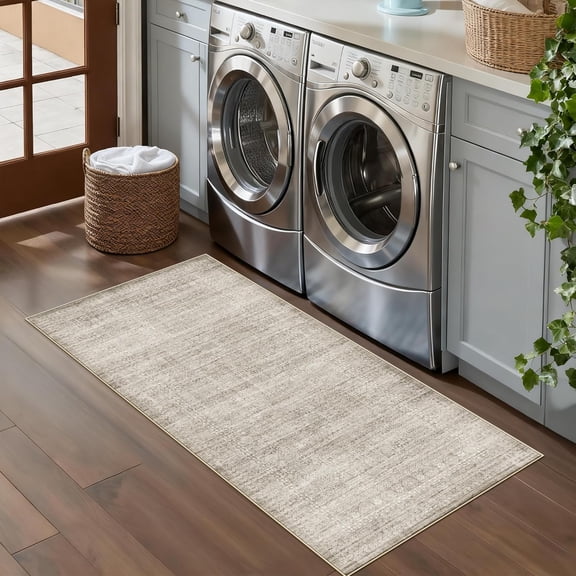 WUYIBA-Washable 2x4 Abstract Kitchen Rug: Neutral Easy-Clean Soft Cozy Carpet Non-Slip Water-Resistant Floor Mat for Entryway Bedroom Bathroom Perfect for High-Traffic Areas with Pets(Beige/Ivory,2x
