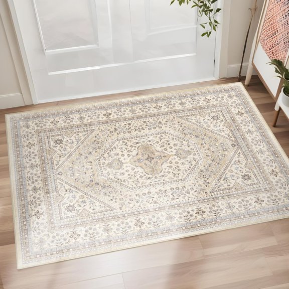 WUYIBA-Washable Entryway 2x3 Rug: Small Boho Rugs for Indoor Entrance Non Slip Backing Stain Resistant Carpet Low Pile Throw Rugs for Bedroom Bedside Inside Front Door Floor Kitchen Decor(Beige,2x3F
