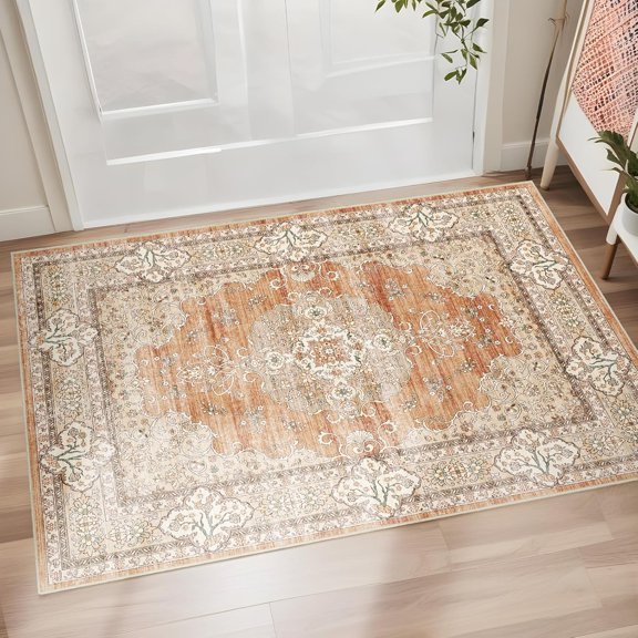 WUYIBA-Washable Entryway 2x3 Rug: Small Boho Rugs for Indoor Entrance Non Slip Backing Stain Resistant Carpet Low Pile Throw Rugs for Bedroom Bedside Inside Front Door Floor Kitchen Decor(Brick,2x3F