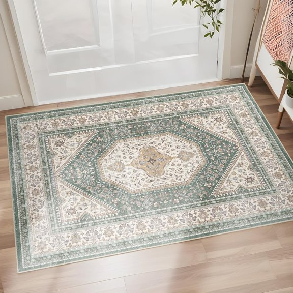 WUYIBA-Washable Entryway 2x3 Rug: Small Boho Rugs for Indoor Entrance Non Slip Backing Stain Resistant Carpet Low Pile Throw Rugs for Bedroom Bedside Inside Front Door Floor Kitchen Decor(Green,2x3F