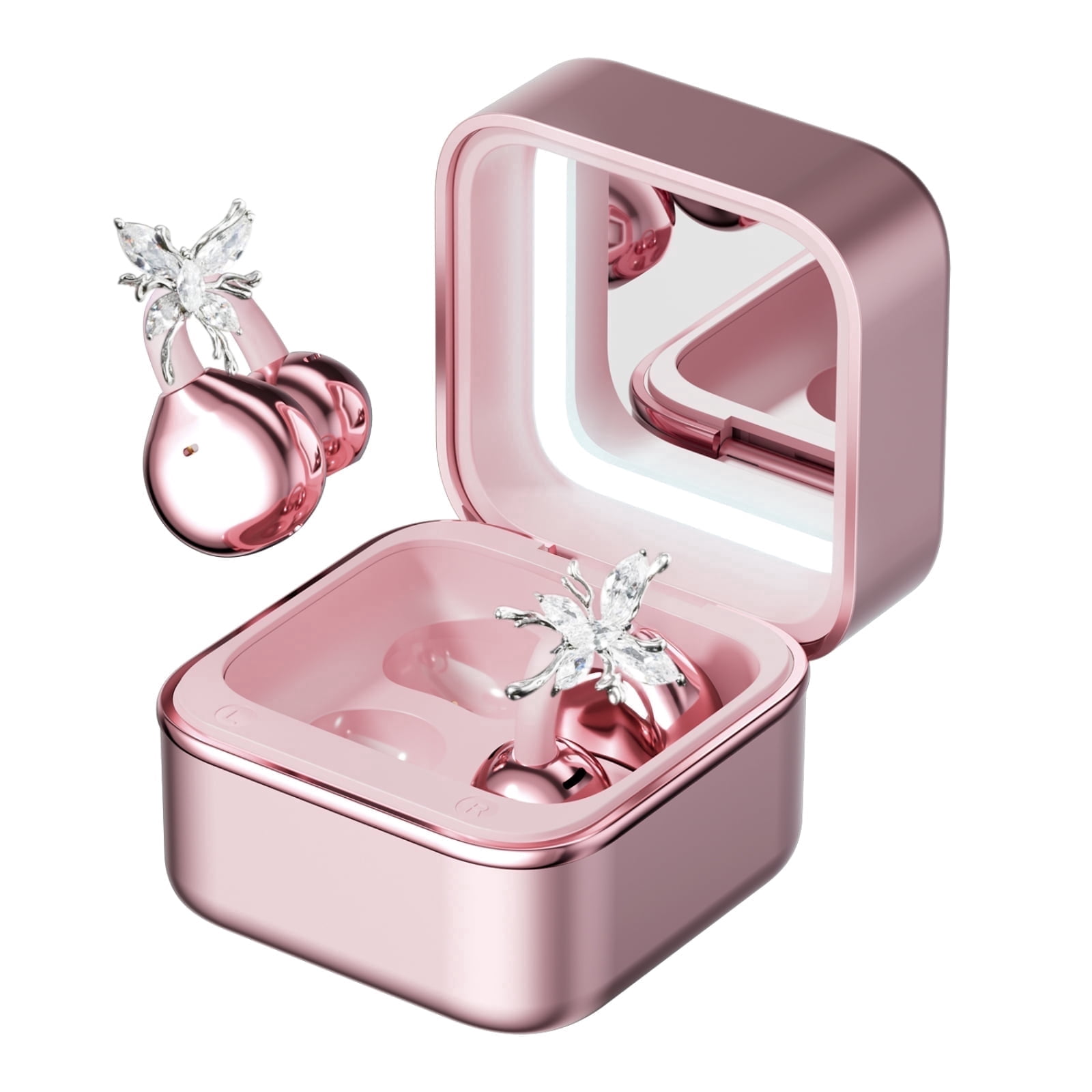 WUYUEGE Open Ear Headphones with Butterfly Earrings, Clip On Earbuds,6.0 Bluetooth Wireless Headphones for Women Gifts, Sports & Workouts（Rose Gold）