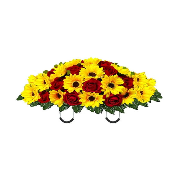 WUYVCG Artificial Fowers for Outdoors Artificial Summer Autumn Sunflower Cemetery Flowers Outdoor Grave Decorations Saddle Arrangement for Headstone,Outdoor Tombstone Memorial Decorations