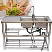 WUZSTAR 2 Compartment Stainless Steel Utility Sink Commercial Kitchen Sink with 2 Drainer & 2 Shelves