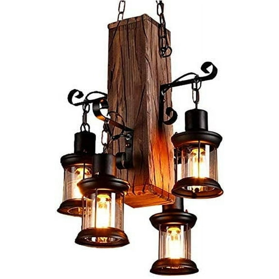 WUZSTAR 4 Light Rustic Wood Ceiling Light Fixture Industrial Lantern Bar Coffee Farmhouse Decor Hanging Light