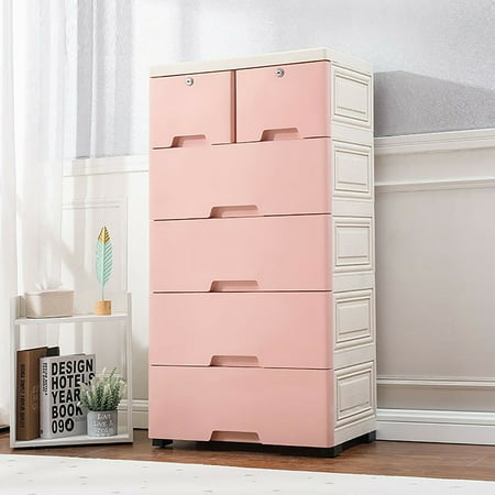 WUZSTAR 6 Drawer Plastic Storage Tower Closet Organizer with 4 rollers for Home, Office (Pink)